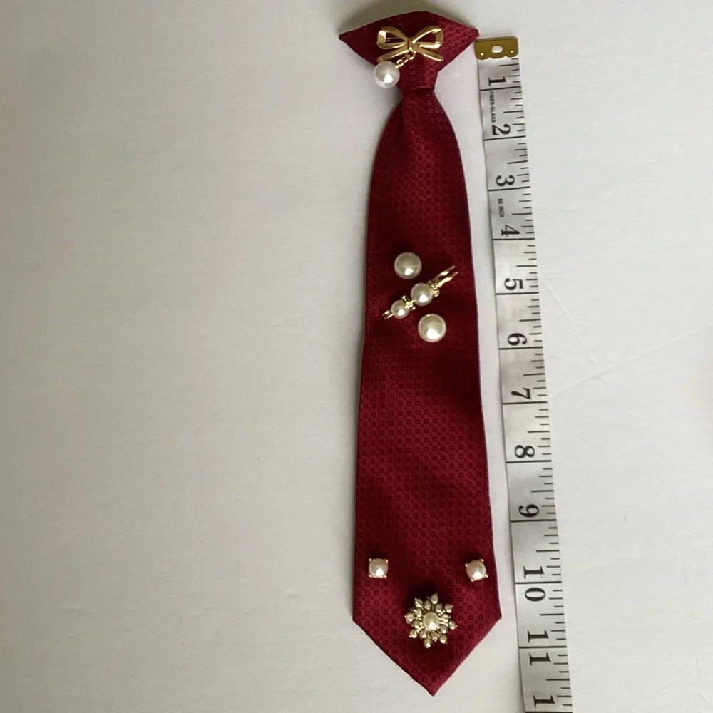 Junkie Tie: Red Textured Clip-On Tie with Gold, Pearl & Crystal Pins